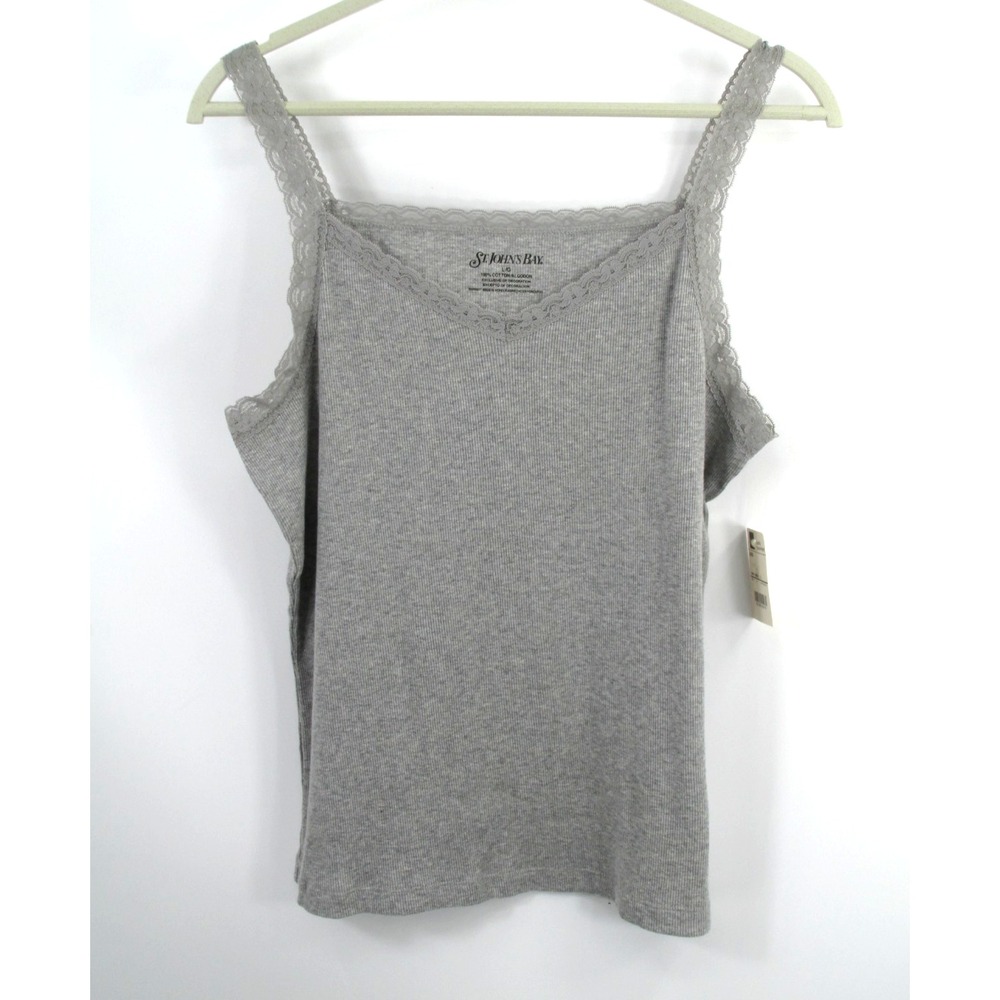 St. Johns Bay Tank Top Womens L Gray Ribbed Lace Trim Sleeveless Y2K Vintage NWT
